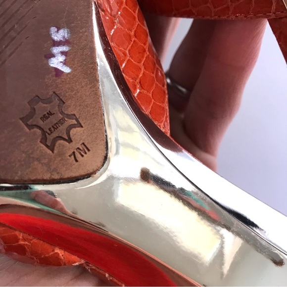 VIA SPIGA Women's Orange  Leather Slip On Heeled Sandals Crystal Embedded Sz 7 - Picture 9 of 15
